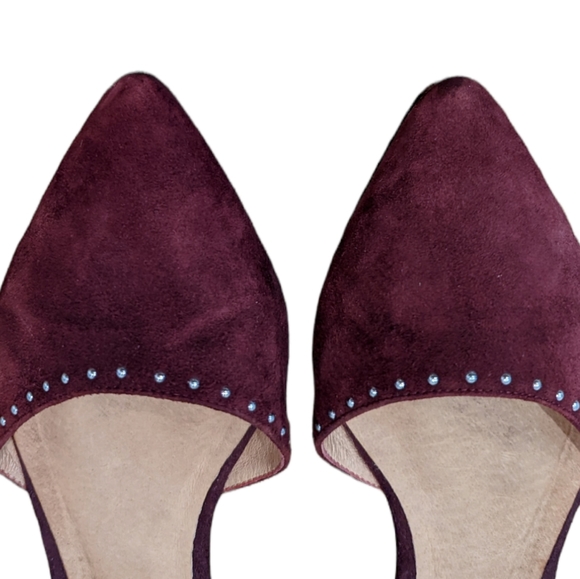 Halogen Burgundy Suede Silver Studded Pointed Toe Cross Strap D'orsay Flats - Picture 4 of 5